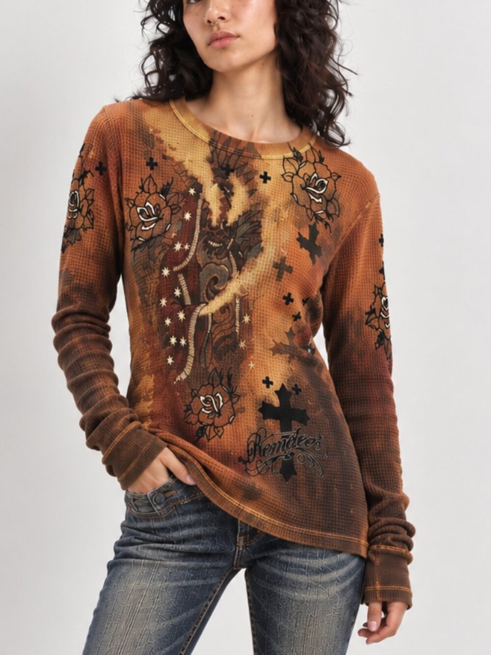 Y2K Vintage Remetee By Afflication Graphic Waffle Thermal Long Sleeve Top